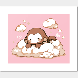 Sleepy Cute Monkey Baby In The Clouds Posters and Art